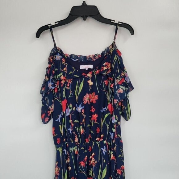 Parker Kam Silk Floral Cold Shoulder Tiered Midi Dress Asymmetrical Small Women - Picture 4 of 16